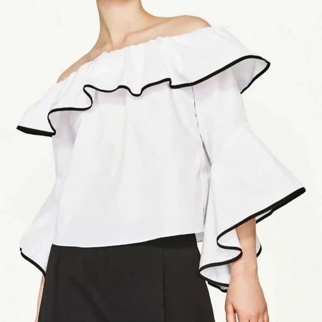 Zara (Q) Women's Off-The-Shoulder 3/4 Sleeve Blouse Sz S White Black Ruffle EUC1