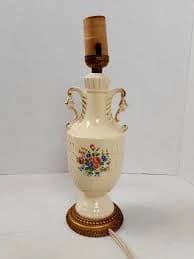 VINTAGE 12" White Ceramic Lamp with Hand Painted Flowers w/ Ornate Handles *READ