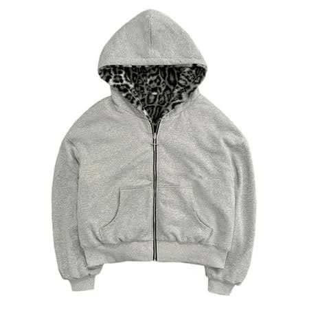 Qiyuancai Leopard Print Hoodie Leopard Zip Up Hoodies Fleece Pullover Winter Warm Sweatshirts Women's Sweatshirts Grey M, Size: Medium, Gray