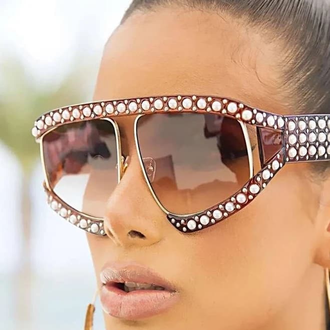 Oversized Pearl Sunglasses Fashion Women Tortoise Frame Brown Lens