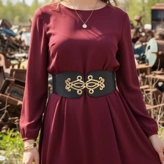 Women Black Wide Elastic Weekend Fashion Belt Gold Metal Interlocking