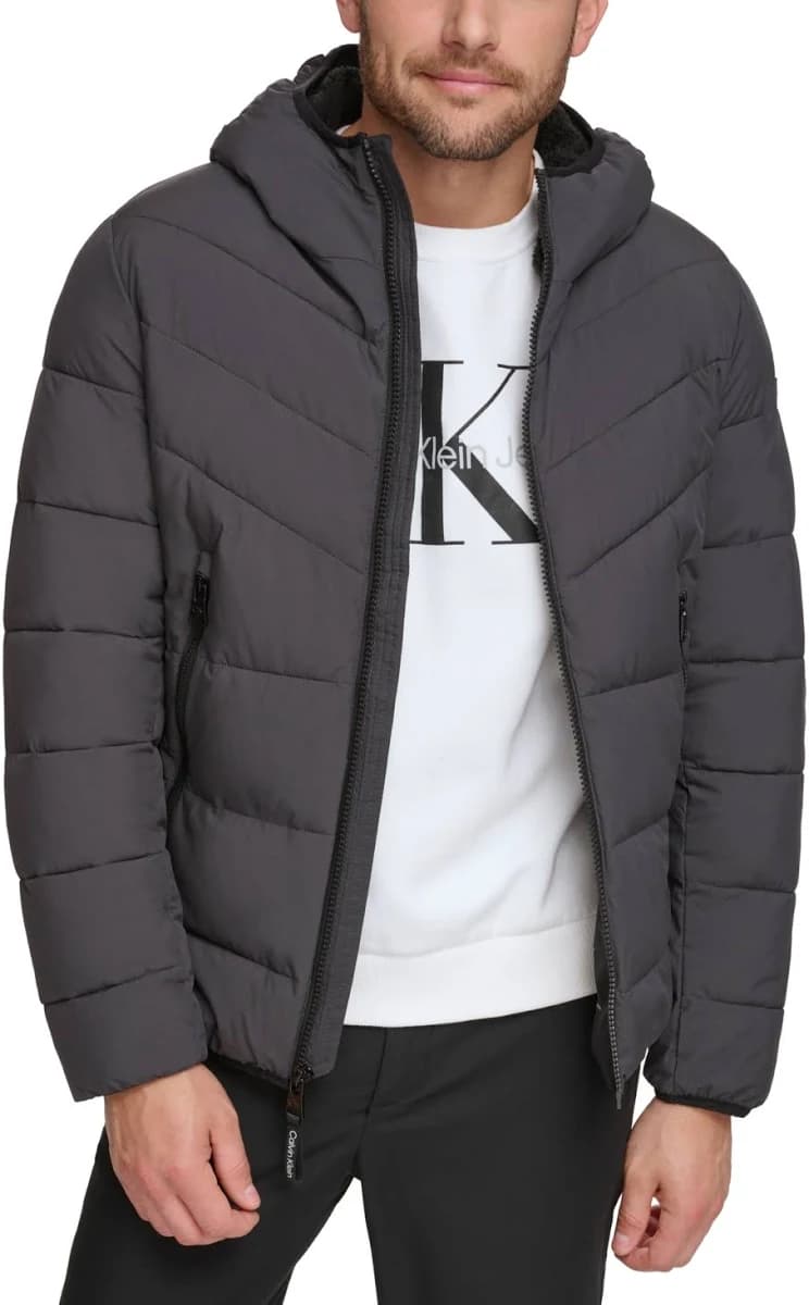 Calvin Klein Men's Chevron Stretch Jacket With Sherpa Lined Hood