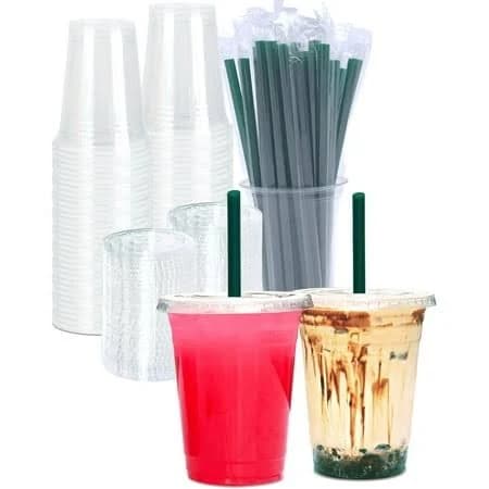 16 oz Clear Plastic Disposable Drinking Cups with Lids and Straws (25 Sets)