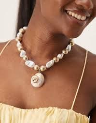 ASOS DESIGN necklace with pearl details and shell pendant in brushed gold tone | ASOS