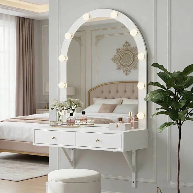 Modern Floating Makeup Vanity With Lighted Arched Mirror, Built-In Outlets & Storage Drawers Wrought Studio Color: White