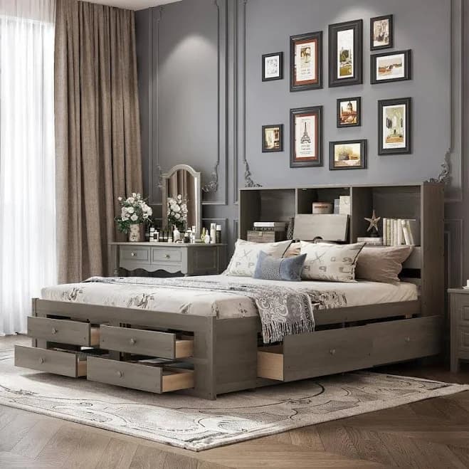 Gray Wood Platform Bed with Storage Headboard and 8-Drawers