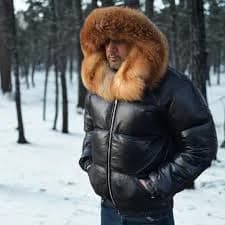 Men's Black Leather Puffer Jacket – Faux Fur Hood, Shearling Interior, Badboy Black Beauty