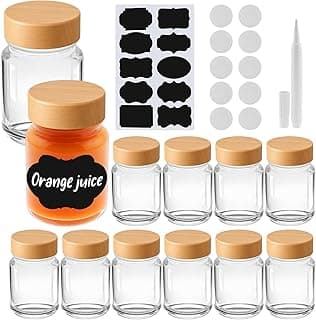 12 Pcs 1 oz Glass Shot Bottles with Lids & Labels and Pen Wide Mouth Small Wellness Glass Bottles for Ginger Leakproof Travel Mini Clear Jars for Wellness Ginger Juice (Wood)