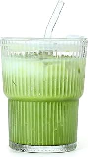 13 OZ Glass Matcha Cups with Reusable Straw Insulated Iced Latte Tumbler Mug Leakproof Travel for Coffee Smoothie Tea Dishwasher Safe Eco-Friendly