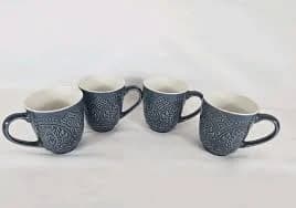 Elama Mandala Deep Embossed Dark Navy Blue Classic Lace Coffee Mug 12oz Set of 4