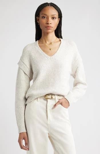 Nordstrom Marled Cotton & Wool Blend V-Neck Sweater in Tan Memoir/Ivory Marl at Nordstrom Rack, Size Small