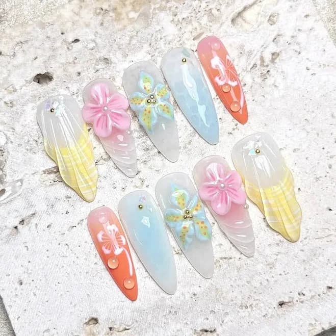 Handmade Pastel Mermaid Ocean 3D Jellyfish Shell Pearl Gem Press On Nails