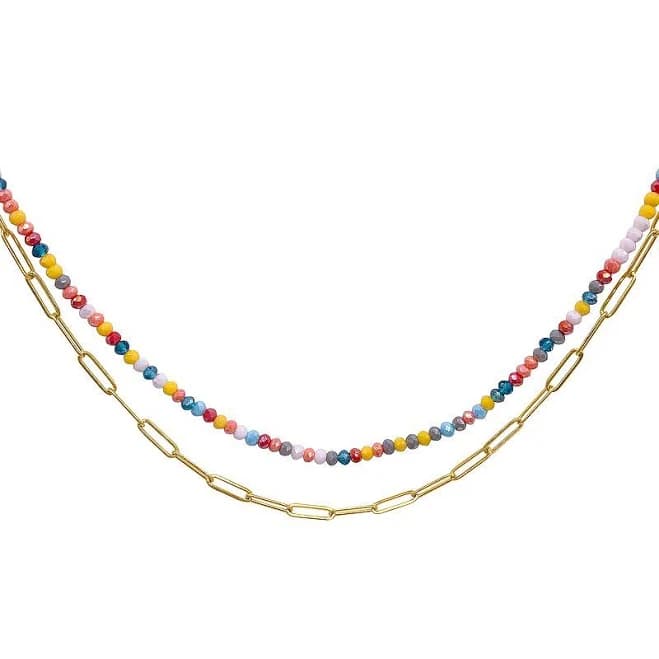 Adornia Women's 14k Gold Plated Multicolor Bead and Paper Clip Chain Double Necklace
