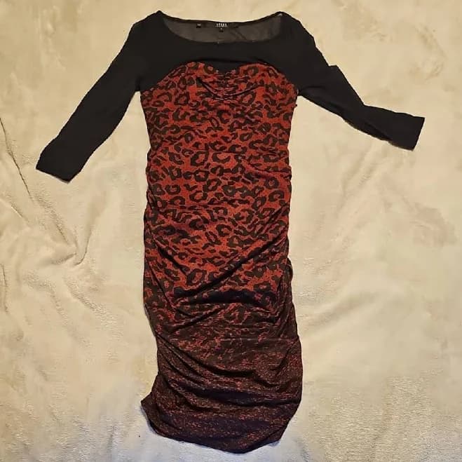 Guess Dresses | Guess Ruched Red And Black Leopard Print Bodycon Dress | Color: Black/Red | Size: S | Kbo_Joy's Closet