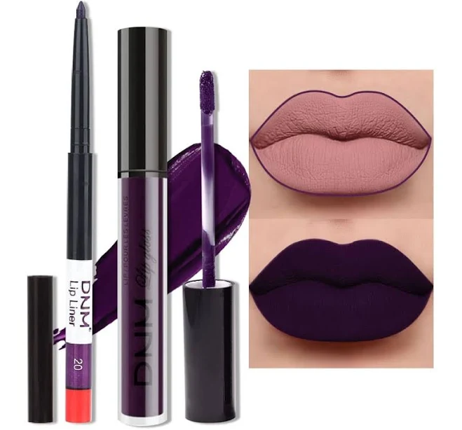 Evpct 2pcs Dark Deep Purple Plum Black Matte Lipstick And Lip Liner