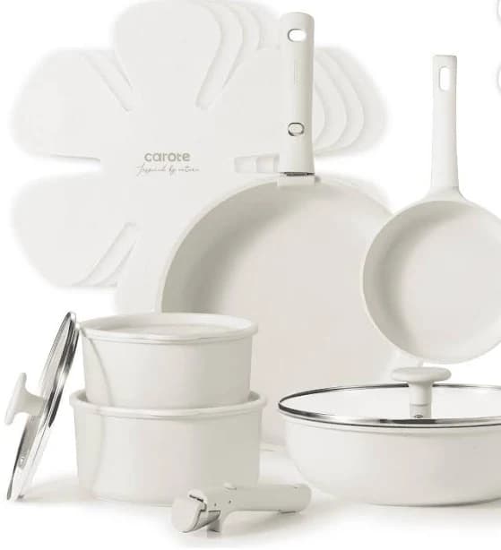 Carote Nonstick Pots and Pans Set, 15pc, Induction Cookware Set, Non Stick, Beige, 10 in, Induction Compatible | Saucepan | Electric | China