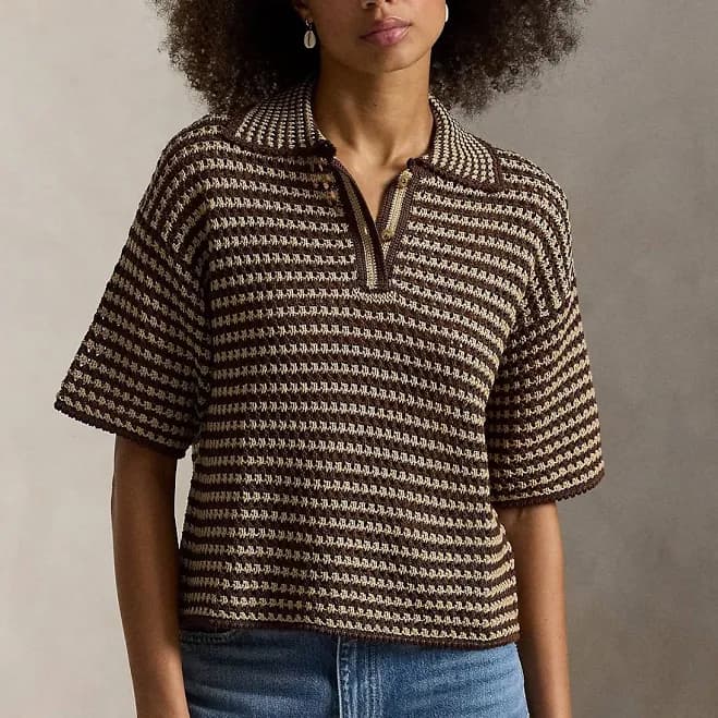 Ralph Lauren Women's Striped Knit Cotton Polo Shirt - Size M in Chocolate Stripe