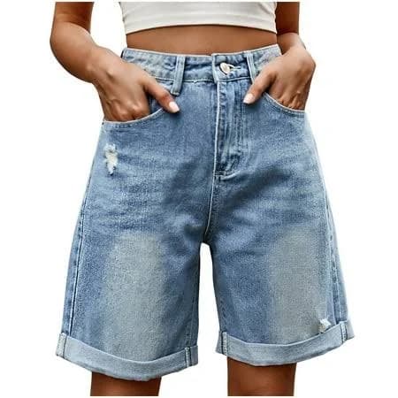 Women's Mid-Waisted Folded Hem Ripped Denim Shorts