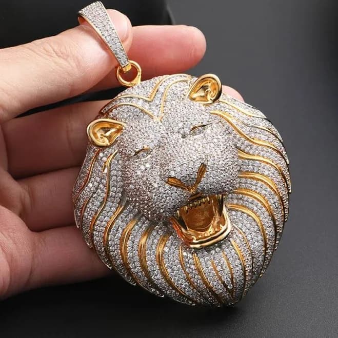 Iced Big Lion XL Head Pendant Gold Double Color / 12mm Gold Cuban