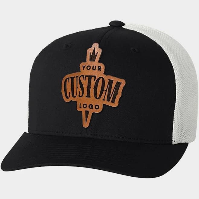 Custom Leather Patch Trucker Hat - Flexfit 6511 Black / White