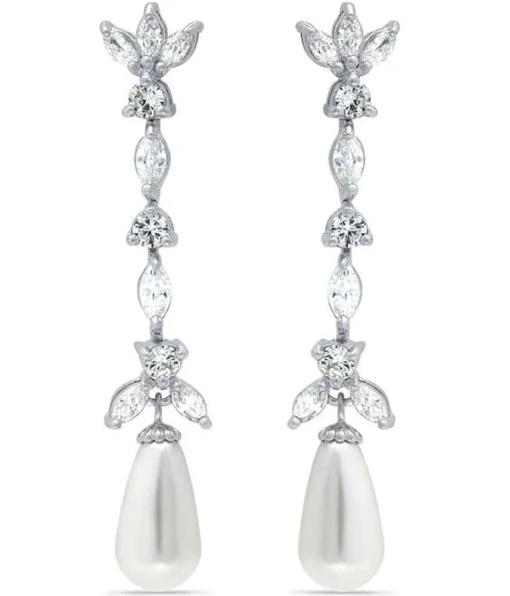 Macy's Imitation Pearl Marquise Cubic Zirconia Tear Drop Earrings in Silver Plate