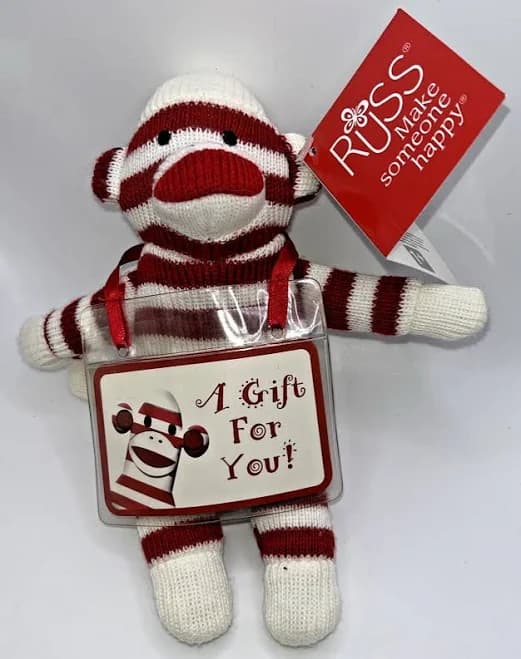 Vintage Russ Berrie Red And White Striped Sock Monkey A Gift For You