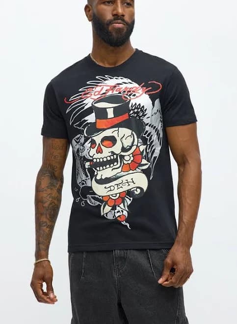 Fashion Nova Men's Ed Hardy Skeleton Tattoo Tee Shirt