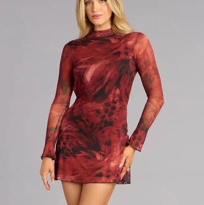 Windsor Abstract Affair Mesh Mock Neck Dress