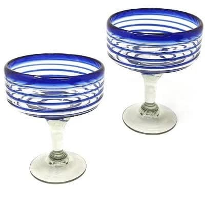 Dos Sueños Mexican Hand Blown Margarita Glasses - Blue Spiral - 16oz - Set of 2