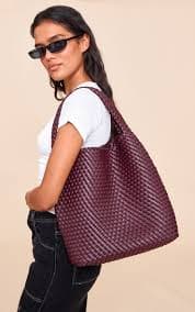 Premium Burgundy Pu Weave Shoulder Bag | Accessories | PrettyLittleThing USA