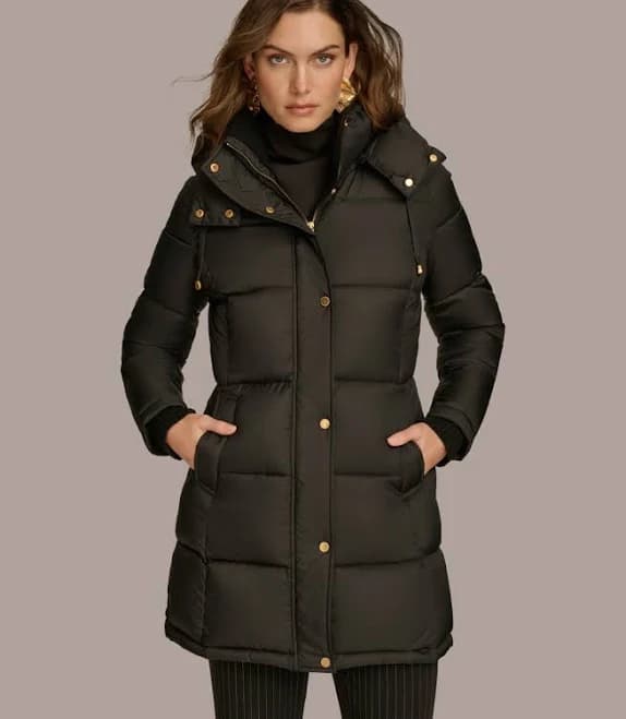 Donna Karan Women's Hooded Ribbed Trim Puffer Jacket