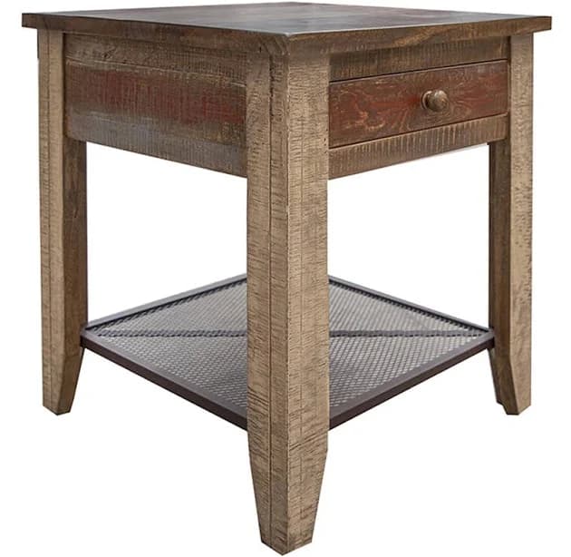 Industrial Solid Reclaimed Wood Multi Color End Table with 1 Drawer