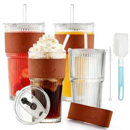 Lumikrypt 4Pcs 20Oz Ribbed Glass Tumblers with Straw Lids Glass Beverage Cup Set with Heat-Resistant Sleeves,Premium Coffee Cups, Ideal for Tea, Iced