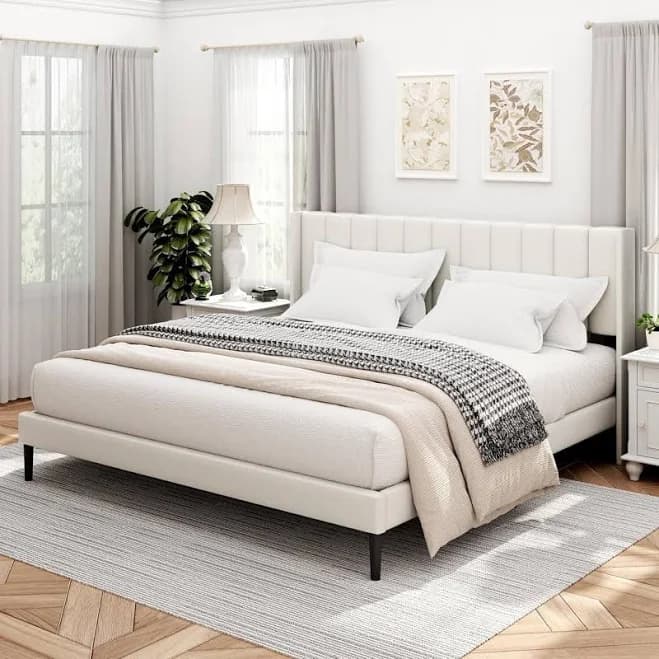 Queen Vertical Channel Tufted Wingback Headboard Bed Frame