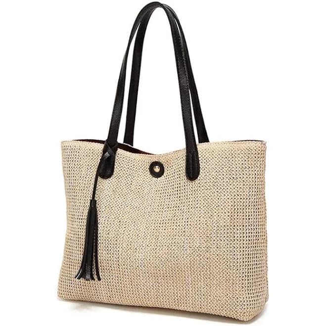 Straw Leather Tassel Tote Handbag
