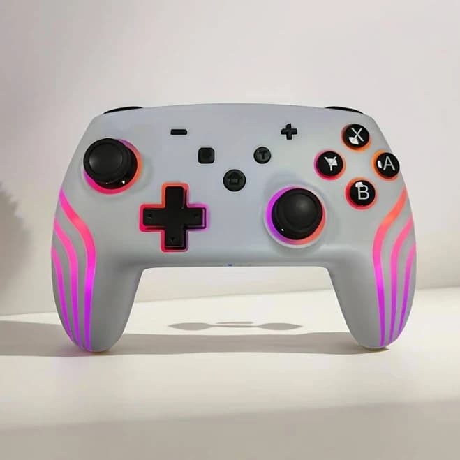 White Wireless Controller for Ios/Android/Pc, for Switch/Lite/Oled, with Colorful RGB Light/Dual Vibration/6-Axis Gyro/Turbo/Wake-Up Function,