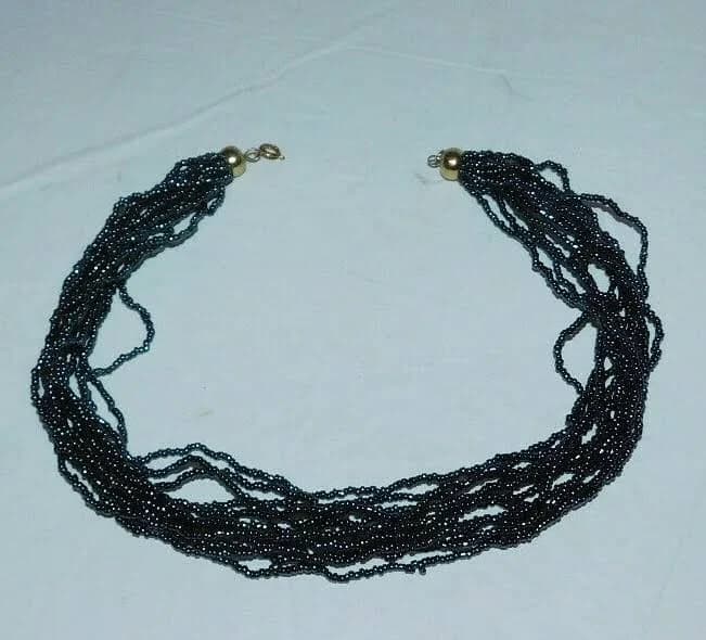 Neat Black Color Small Bead Multistrand Choker Necklace