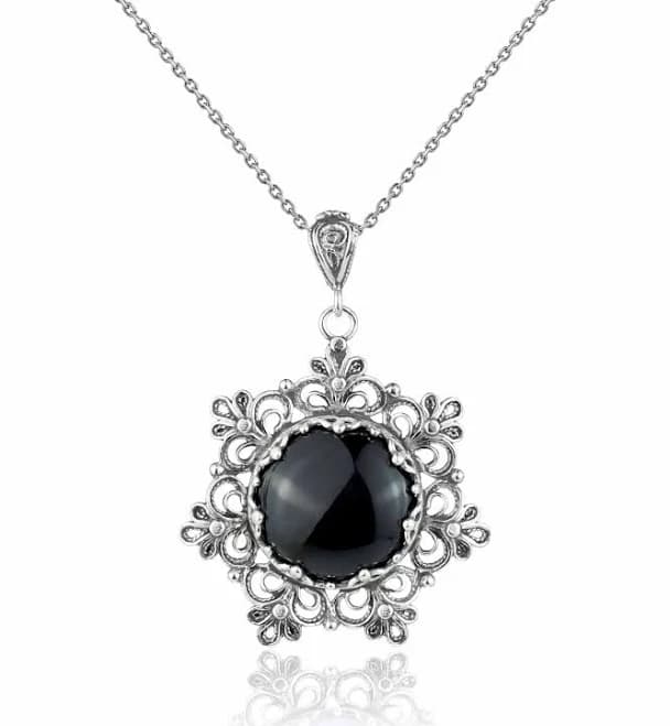 Sterling Silver Black Onyx Filigree Pendant Necklace