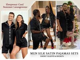 SWOMOG Men Satin Pajama Set 2 Pcs Loungewear Button Down Pjs Set Sleepwear Short-Sleeve Top and Shorts with Pockets Navy Blue Medium at Amazon Men's Clothing store
