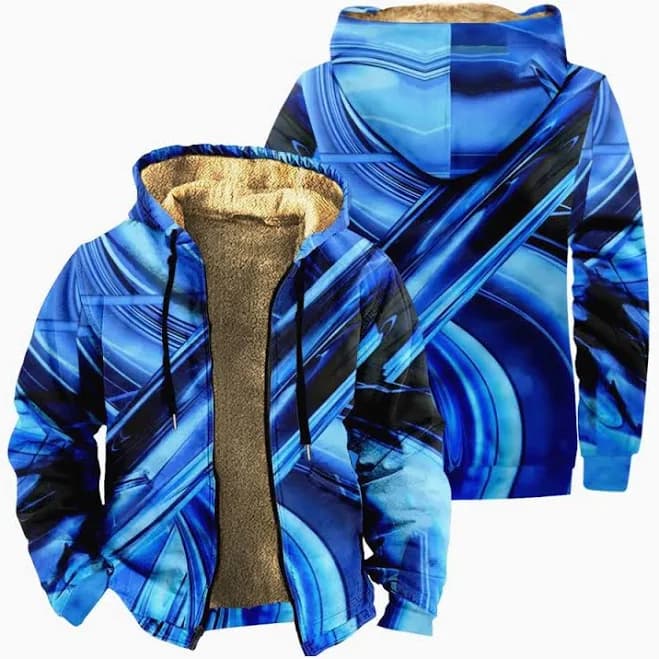 Men's Casual Winter Fleece Hoodie Abstract Art Graphic Zip Jacket