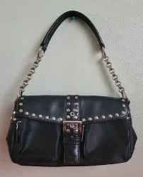 VTG Patent Leather Bag Purse Shoulder Bag Studs Rivets Biker Motorcycle Black