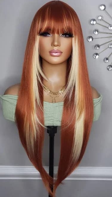 Long Auburn Orange Copper Blonde Straight Full Cap Wig Bangs Style