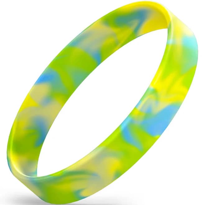 Custom Adult Silicone Wristbands - Embossed Lime Green / Yellow / Light Blue Swirl