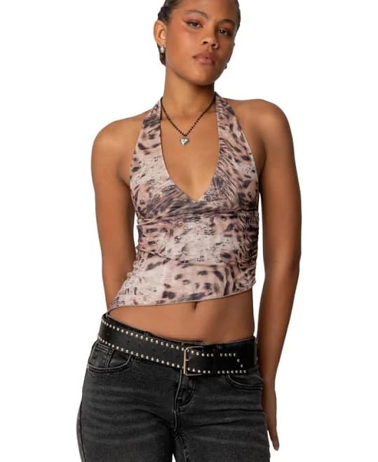 Edikted Women's Leopard Mesh Asymmetric Halter Top