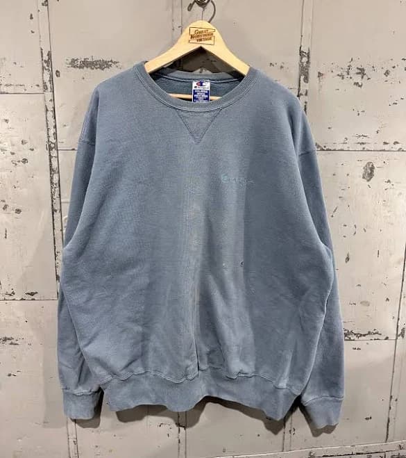 Vintage 90s Distressed Champion Brand Baby Blue Blank Embroidered Crest Sweatshirt XXL