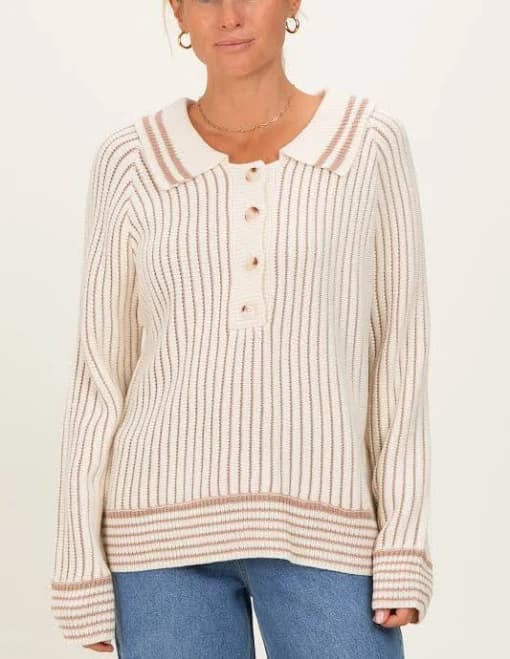 Cream Chunky Rib Striped Polo Sweater