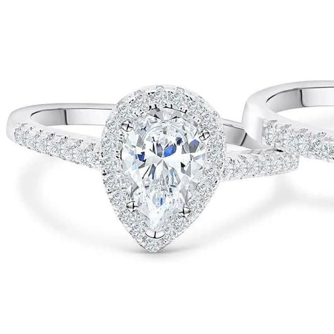 Modern Gents Women's Pear Halo Engagement Ring & Band Set in Silver