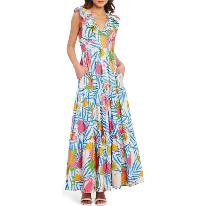 Flying Tomato Tropical Print Sleeveless Cotton Maxi Dress