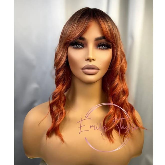 Women's Mid-Length Synthetic Wig with Bangs and Highlight