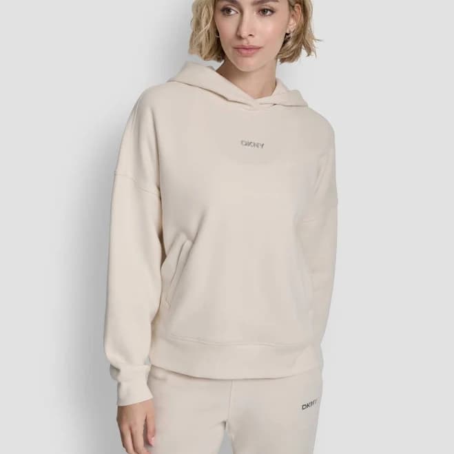 DKNY Women's Metallic Bubble Logo Drop Shoulder Pull-On Hoodie